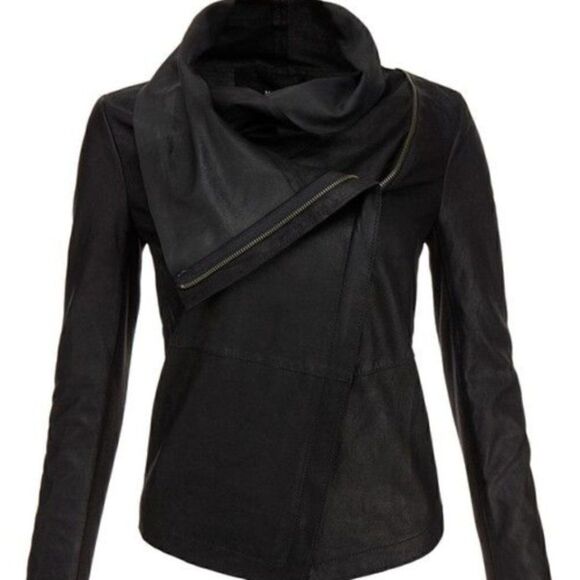 Like New Buttery Black Draped Neck Leather Bovaye Jacket - Picture 3 of 13